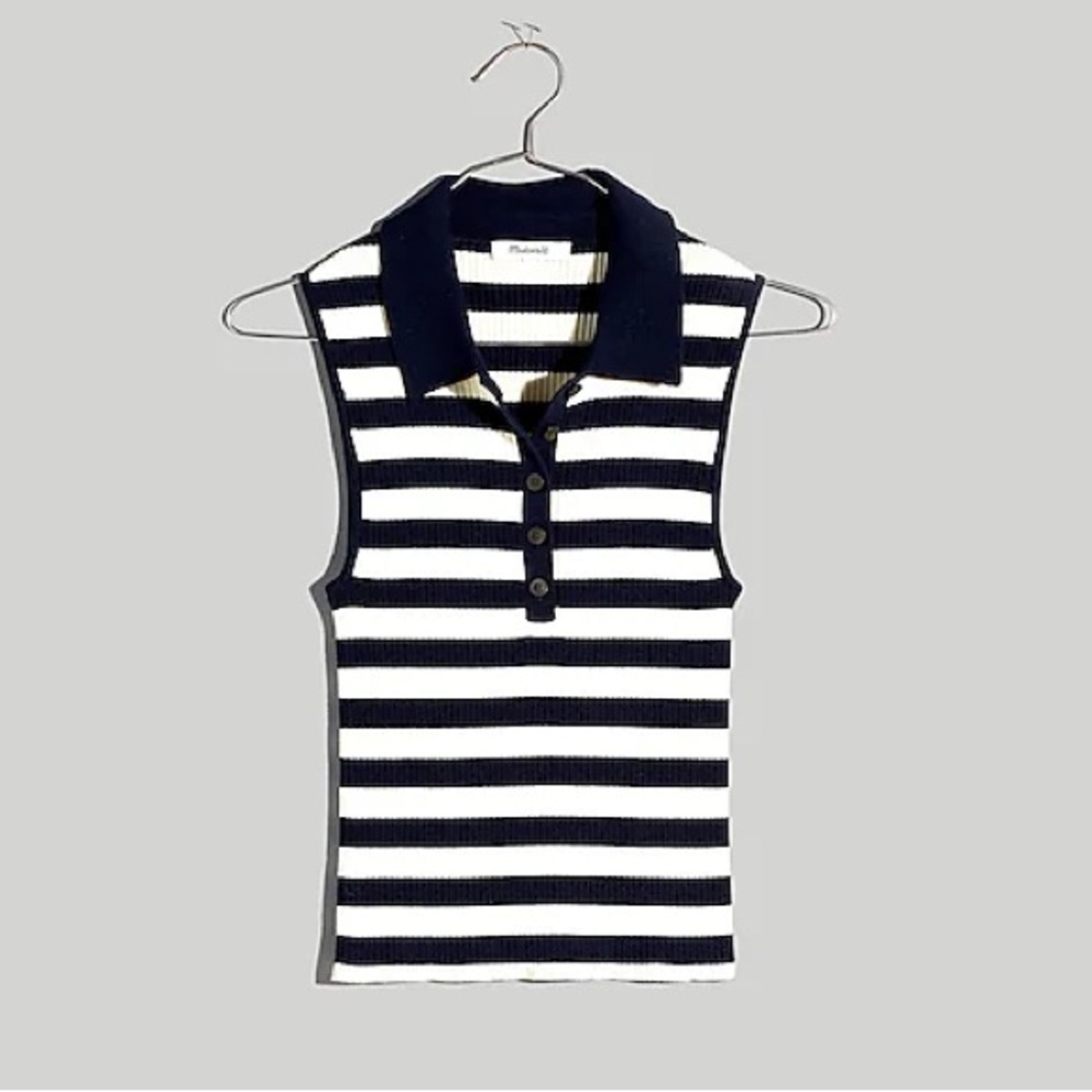 Madewell Owen Polo Sweater Tank in Stripe Deep Indigo